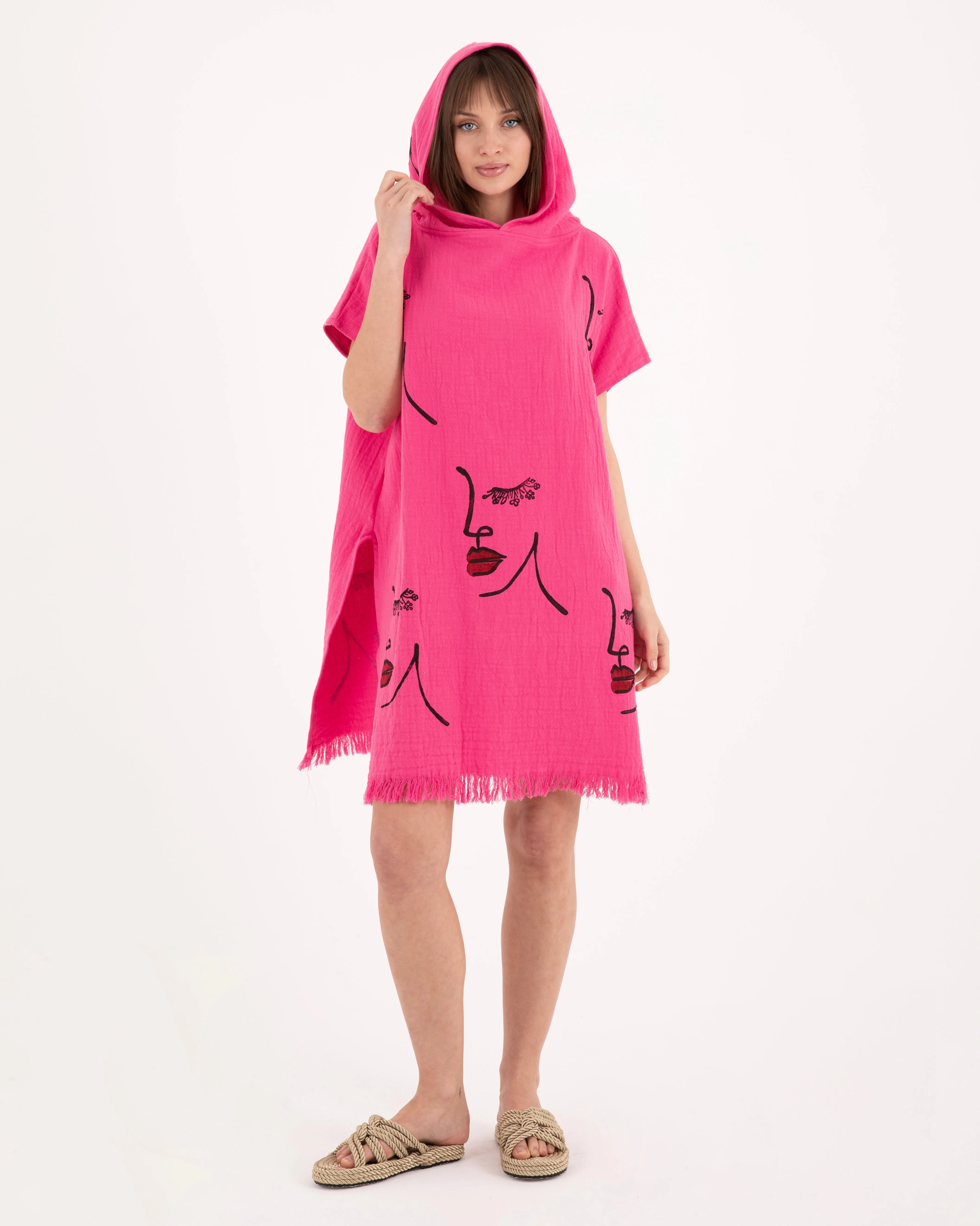 Woman Face Pattern Pink Poncho