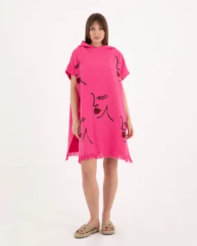 Woman Face Pattern Pink Poncho