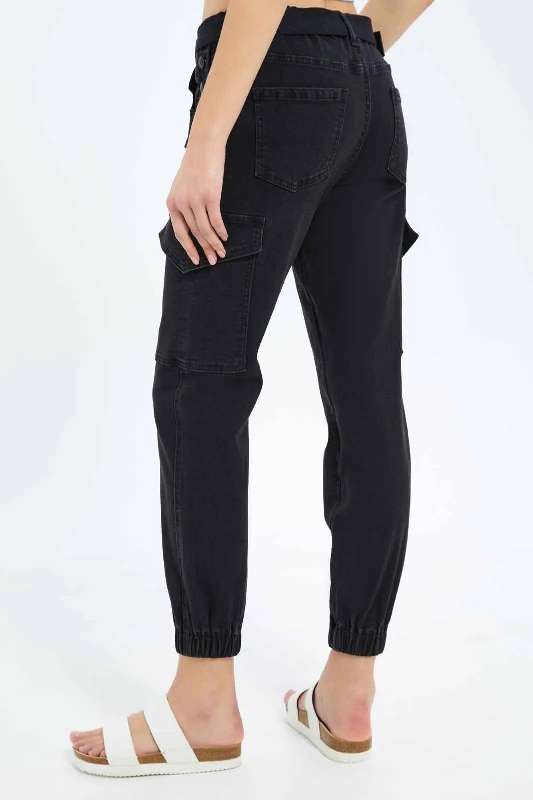 Women Black Belted Cargo Pants