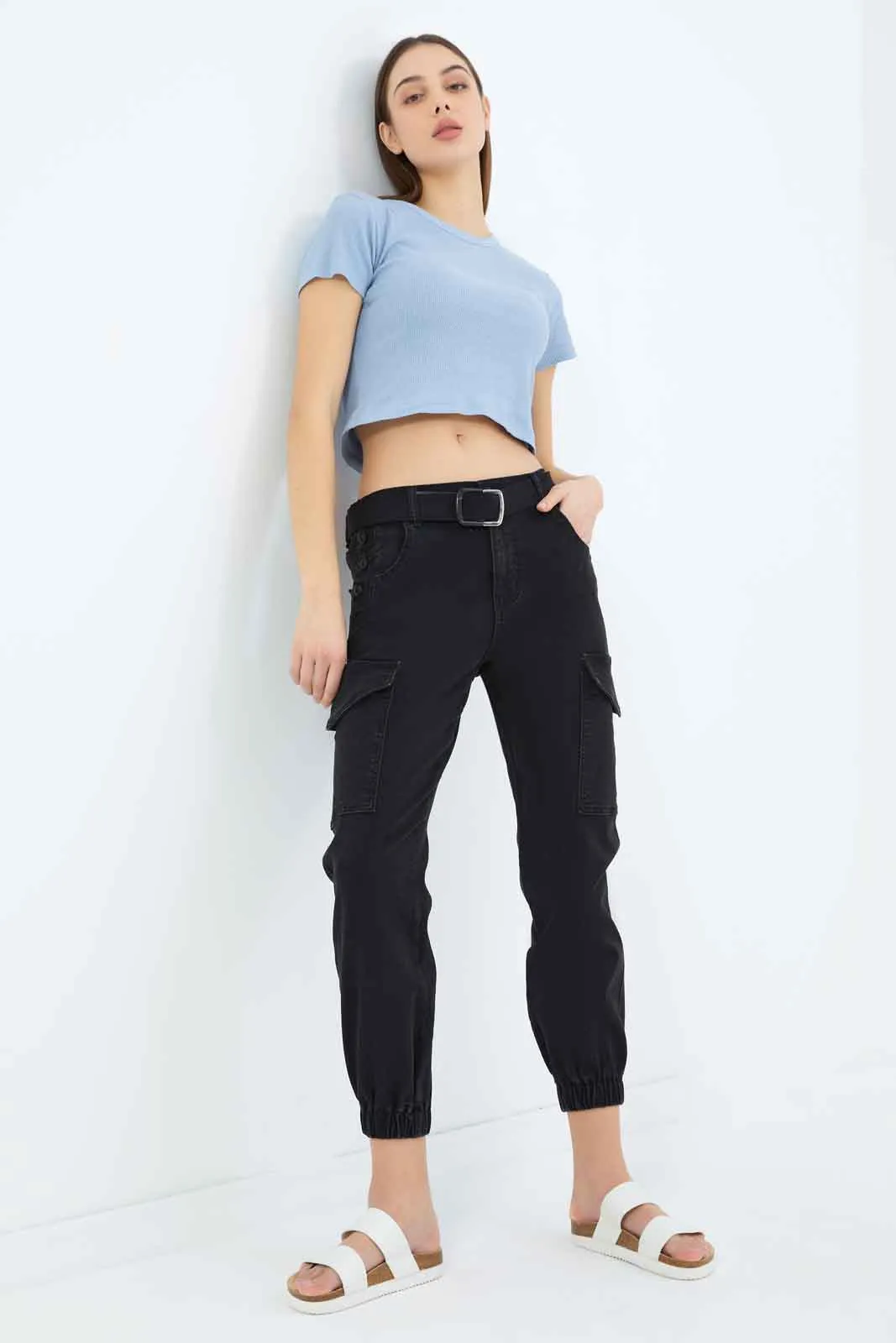 Women Black Belted Cargo Pants