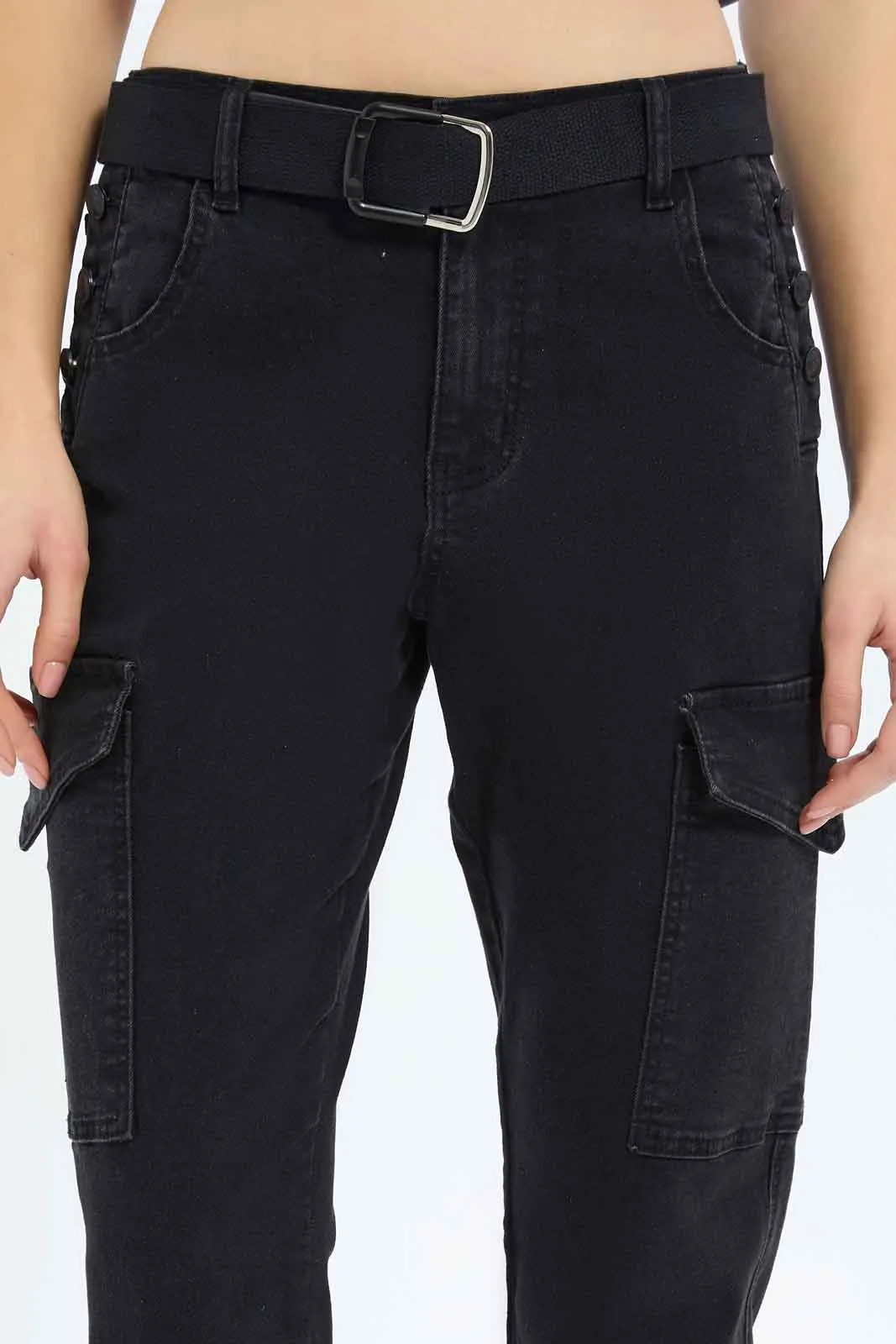 Women Black Belted Cargo Pants