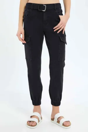 Women Black Belted Cargo Pants