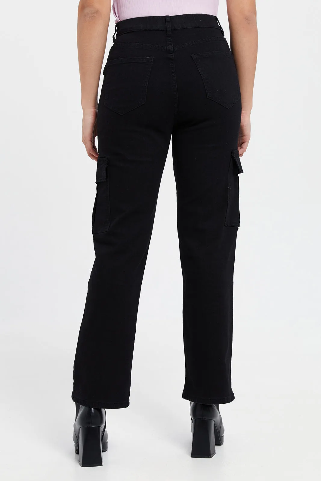 Women Black Cargo Wide Leg Jeans