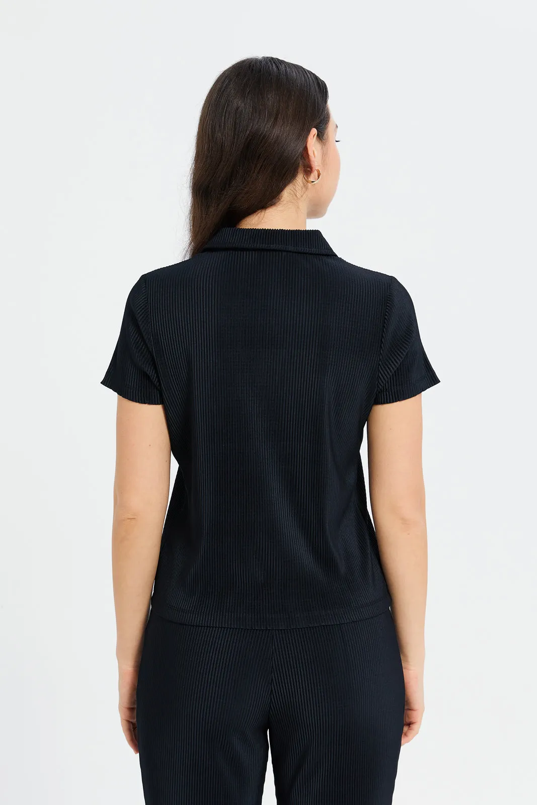 Women Black Shirt Collared Plisse Top