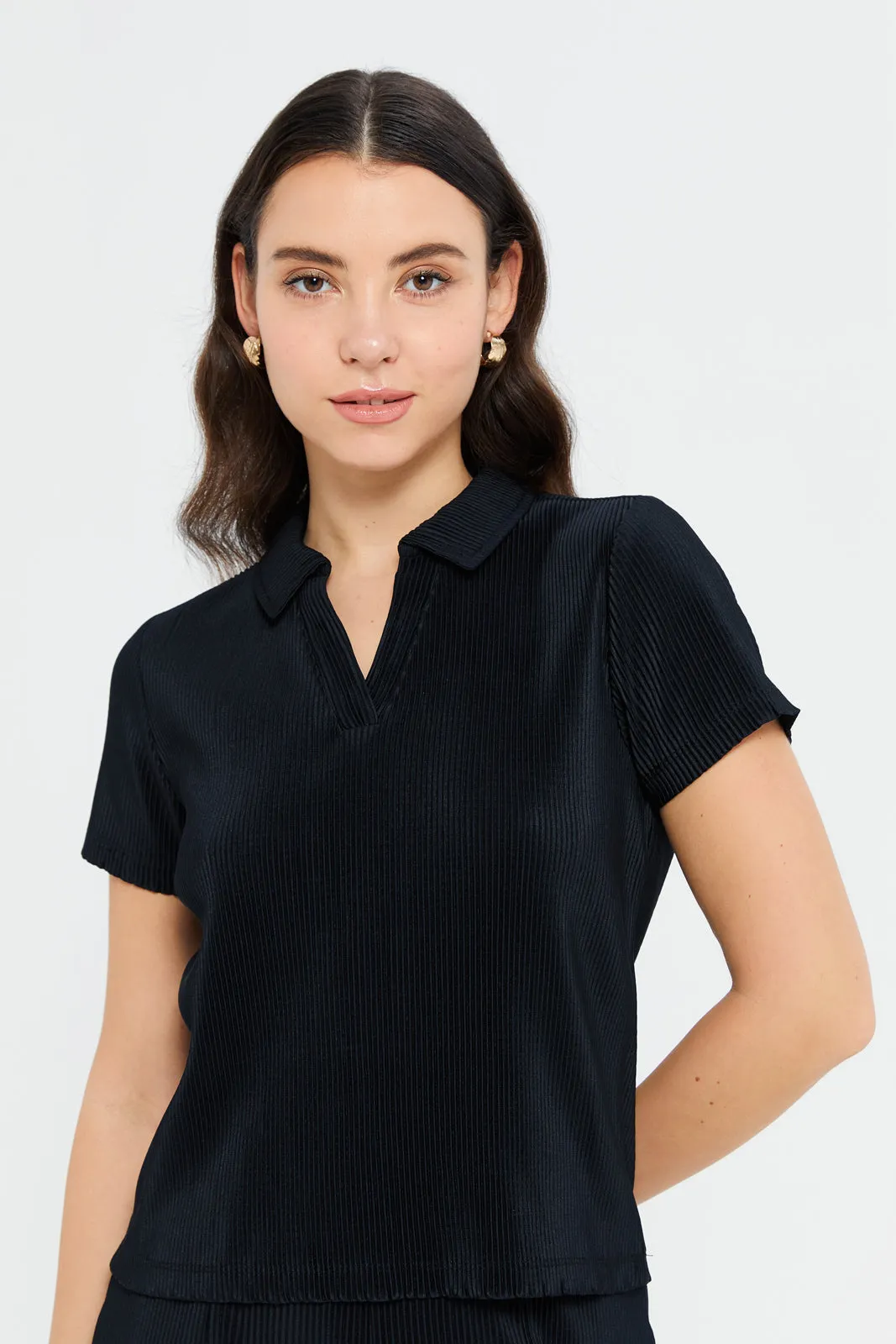 Women Black Shirt Collared Plisse Top