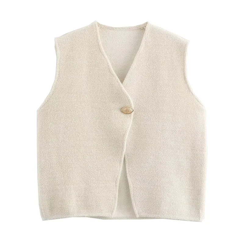 Women French Gold Thread Blended Leaf Buckle Sleeveless Double Sided Cotton Knitted Vest