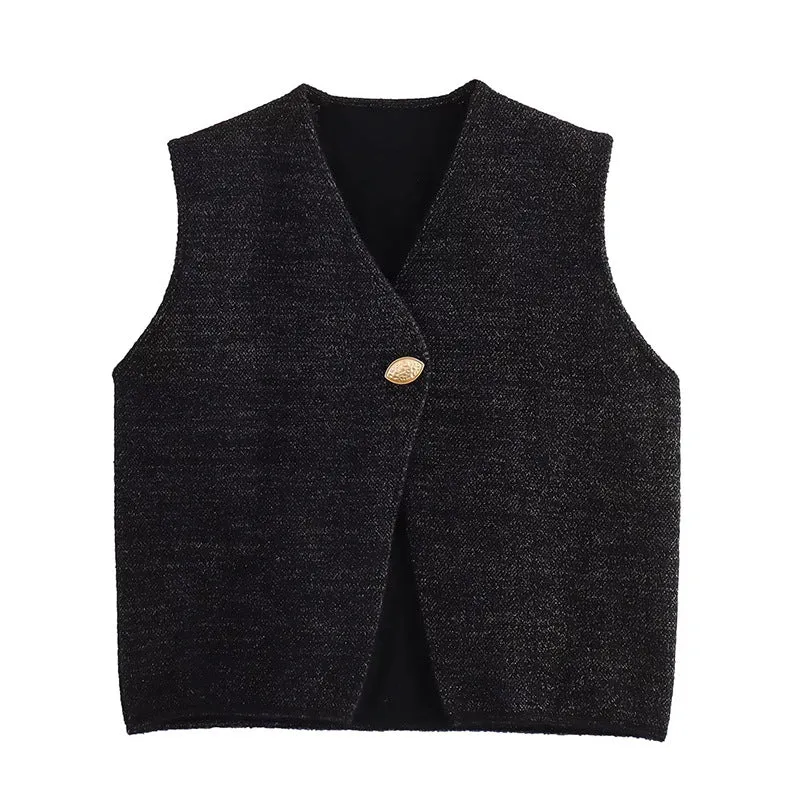 Women French Gold Thread Blended Leaf Buckle Sleeveless Double Sided Cotton Knitted Vest