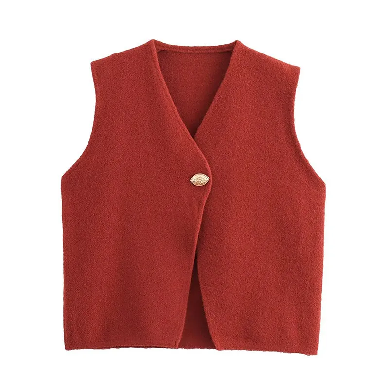 Women French Gold Thread Blended Leaf Buckle Sleeveless Double Sided Cotton Knitted Vest