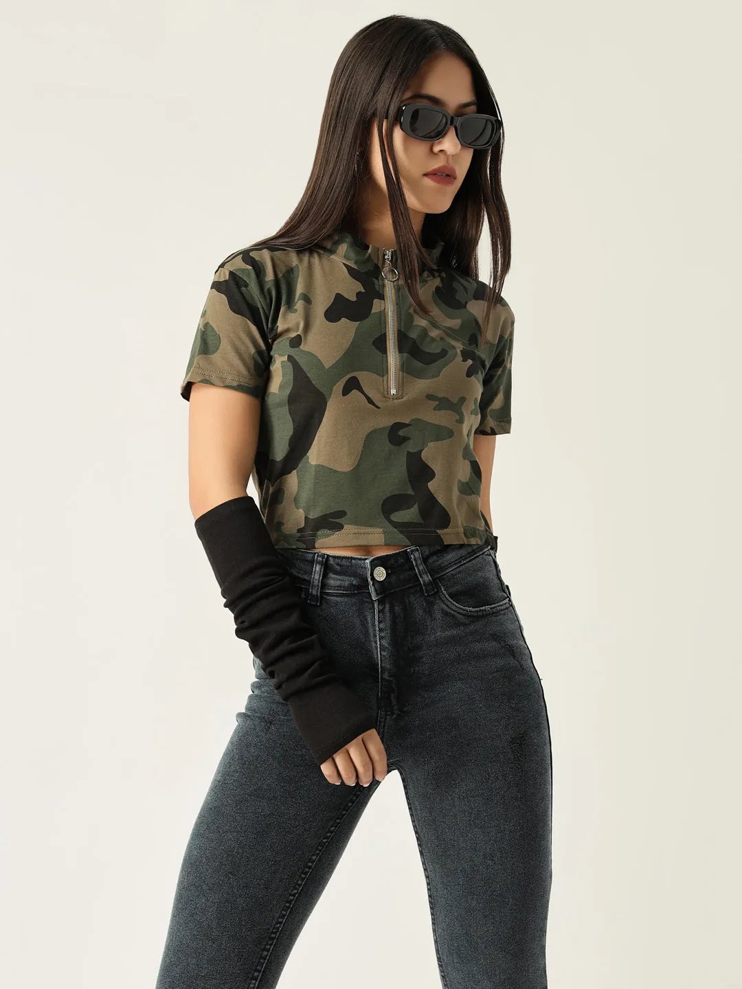 Women Graphic Olive Crop T Shirt