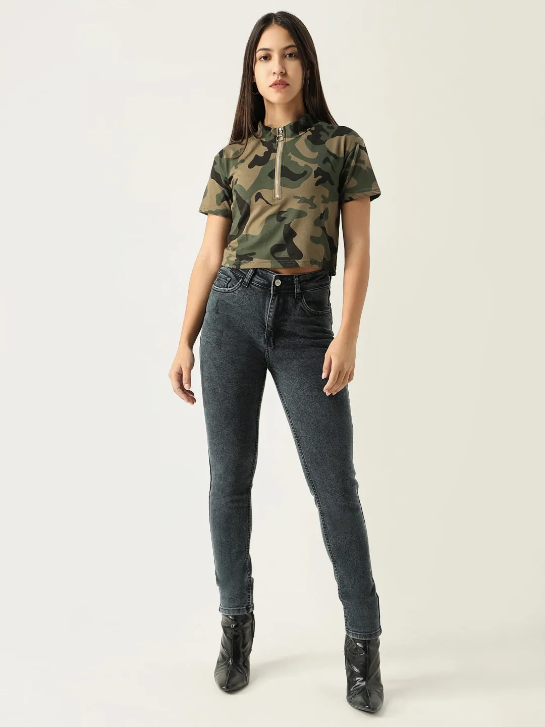 Women Graphic Olive Crop T Shirt