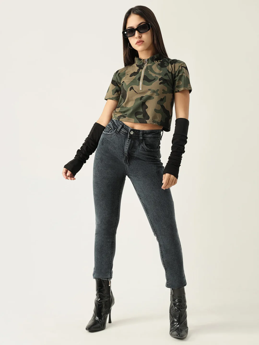 Women Graphic Olive Crop T Shirt