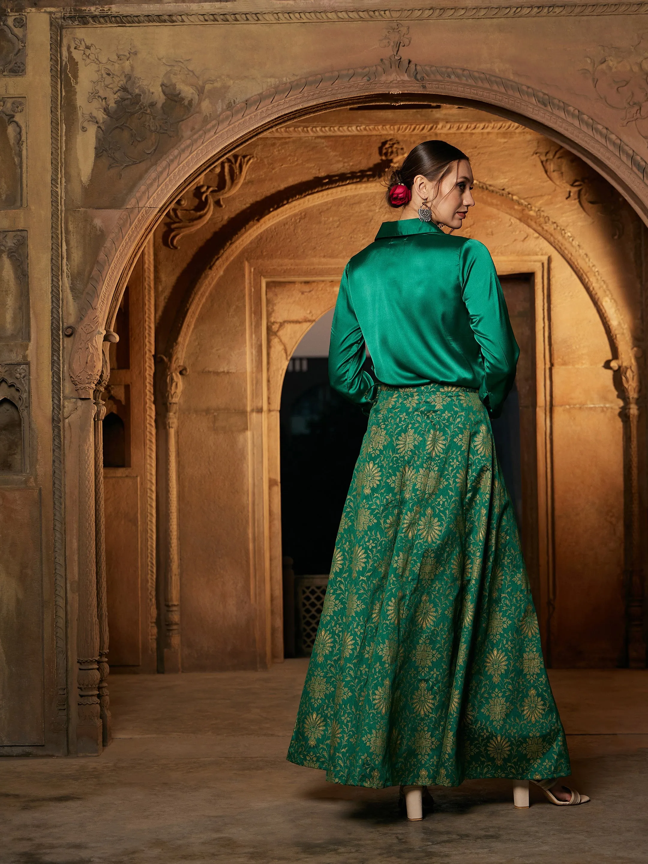 Women Green Satin Shirt With Brocade Skirt