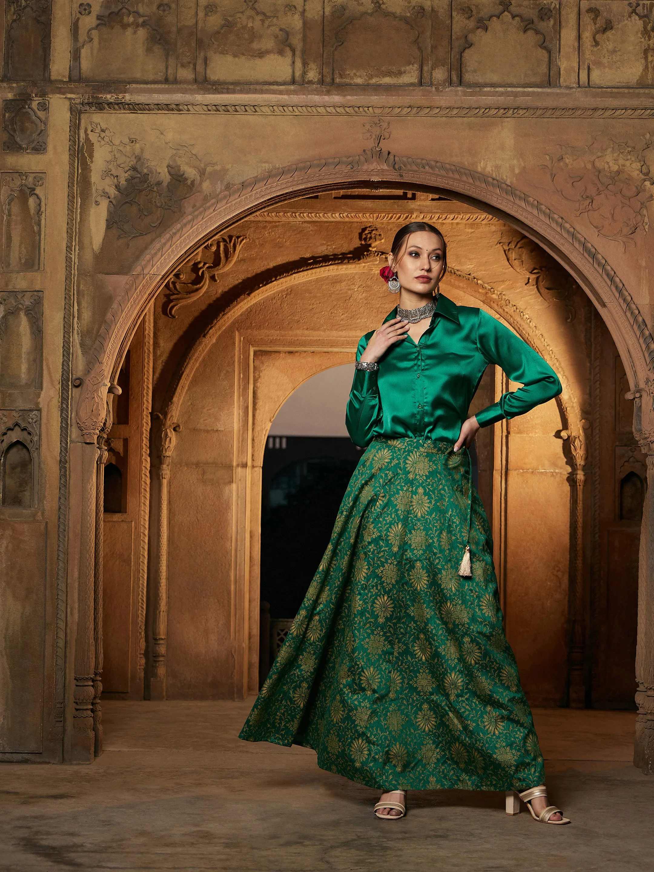 Women Green Satin Shirt With Brocade Skirt