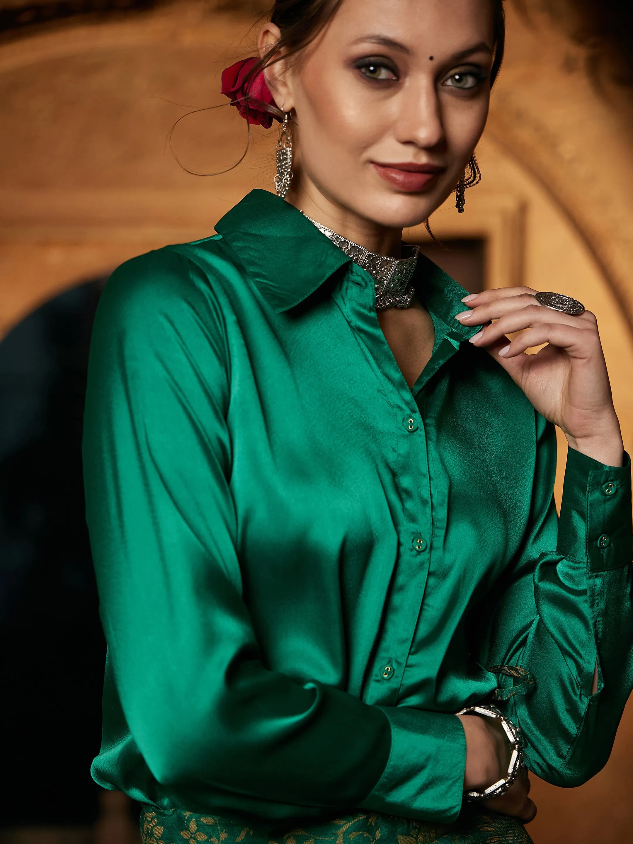 Women Green Satin Shirt With Brocade Skirt