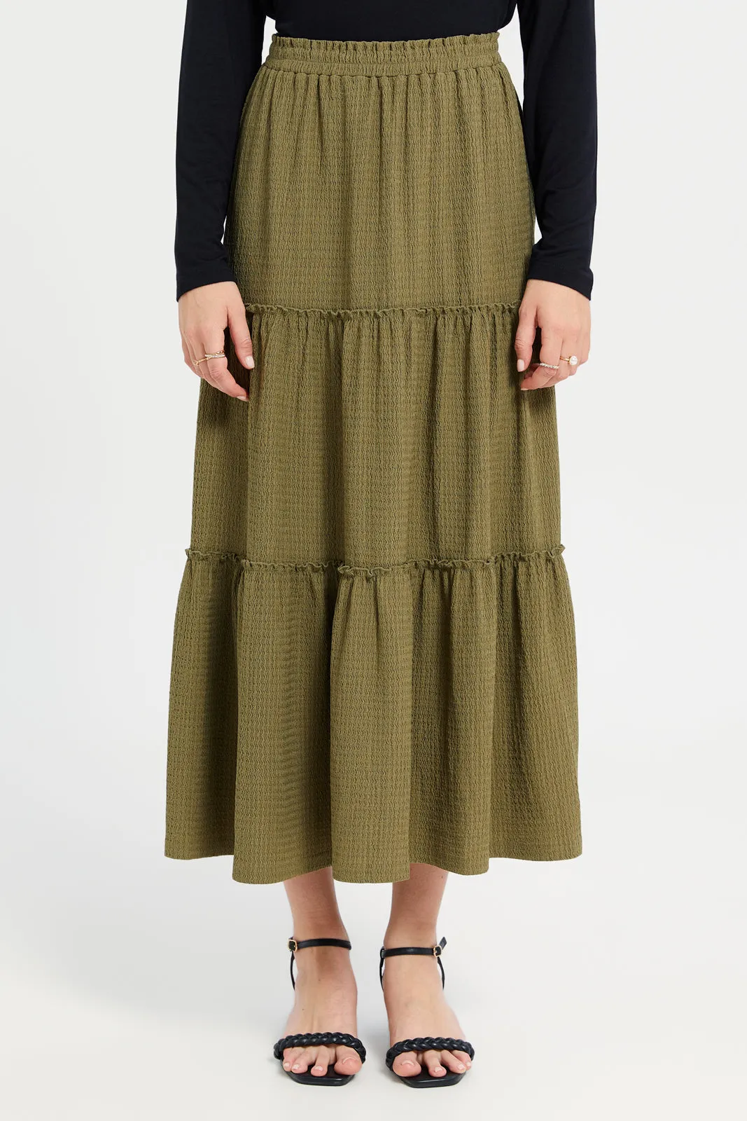 Women Green Textured Tiered Skirt