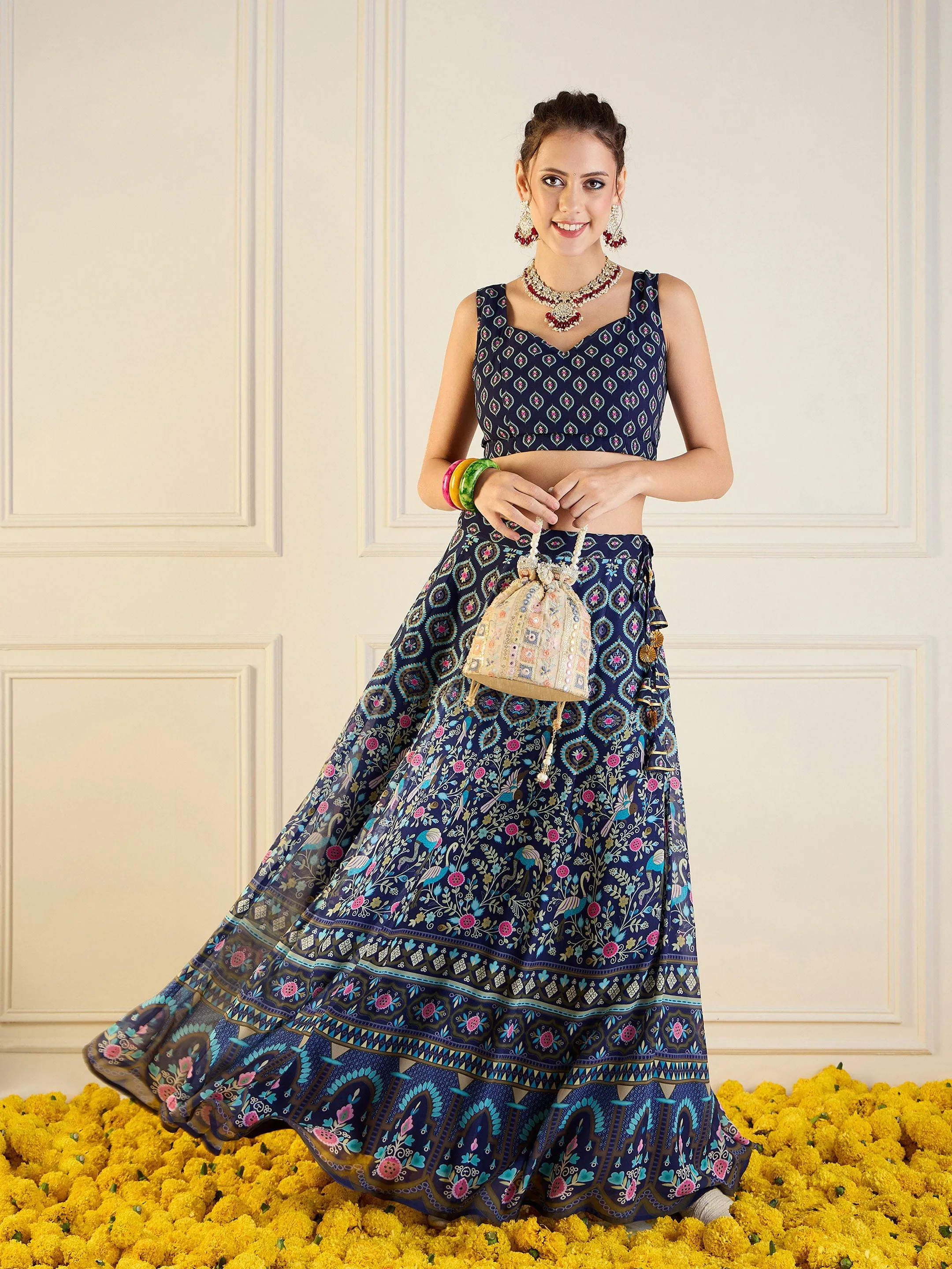 Women Navy Floral Anarkali Skirt With Dori Crop Top