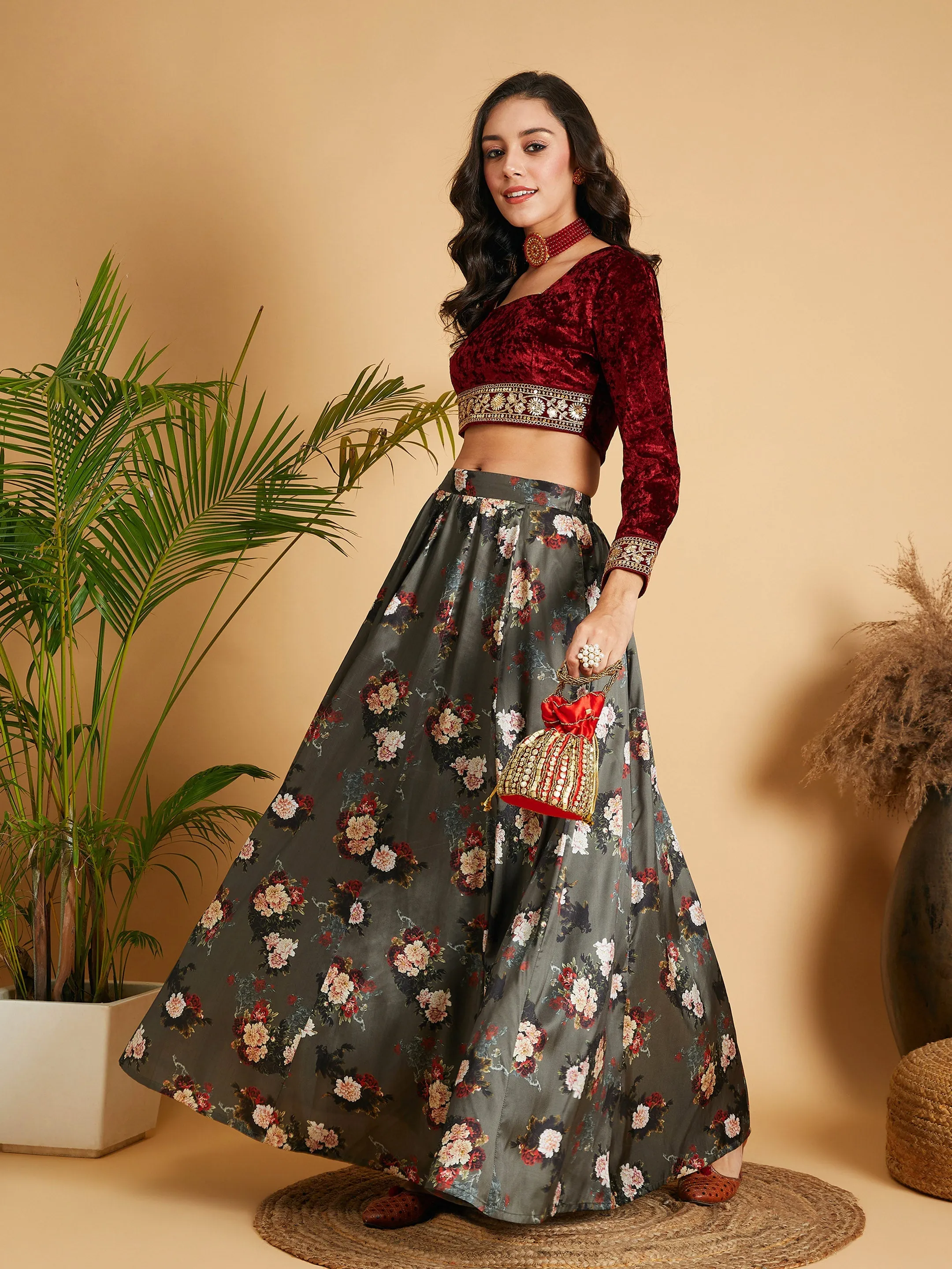 Women Olive Floral Skirt With Maroon Velvet Full Sleeves Crop Top