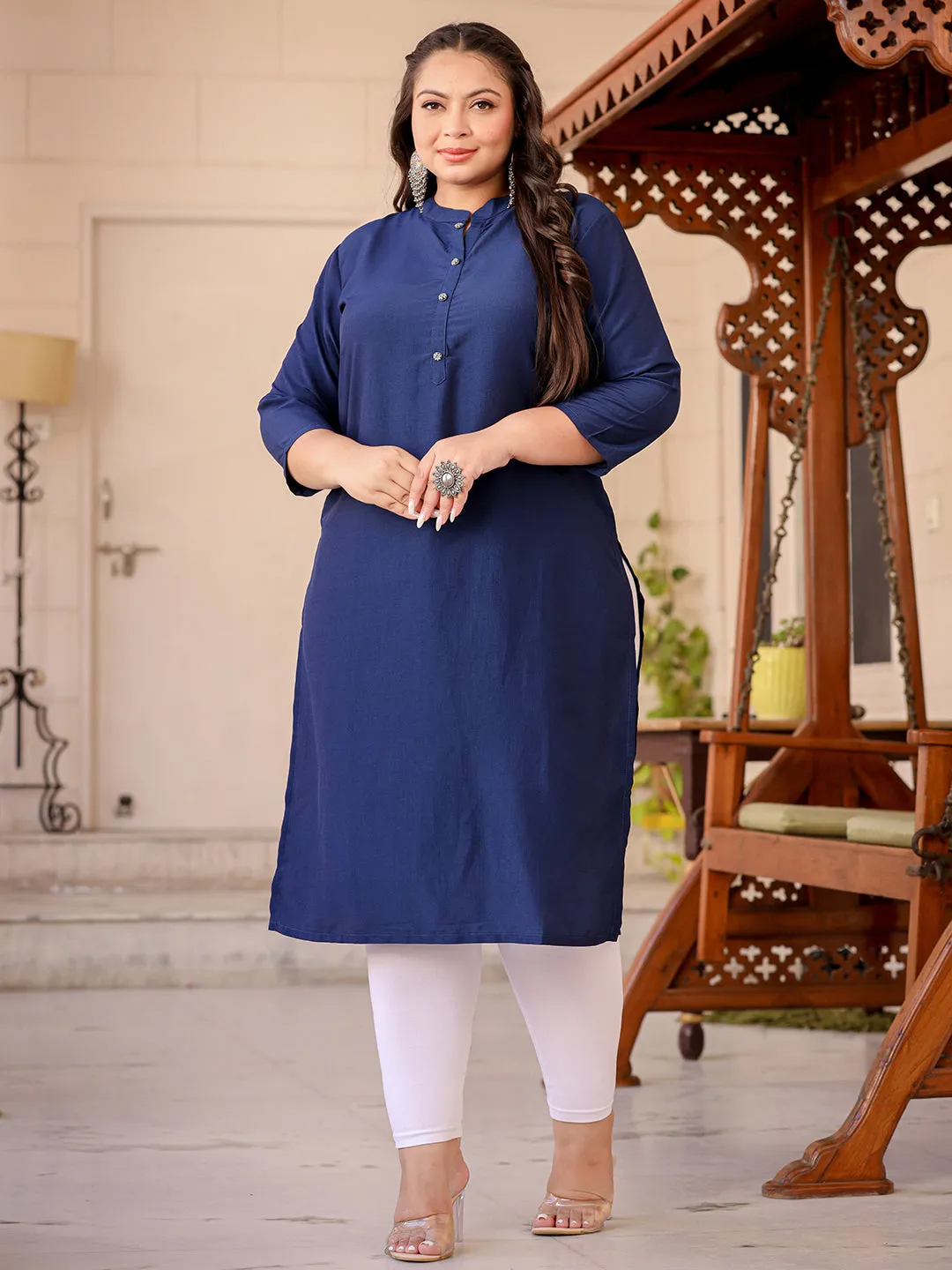 Women Plus Size Blue Samaira Silk Kurta