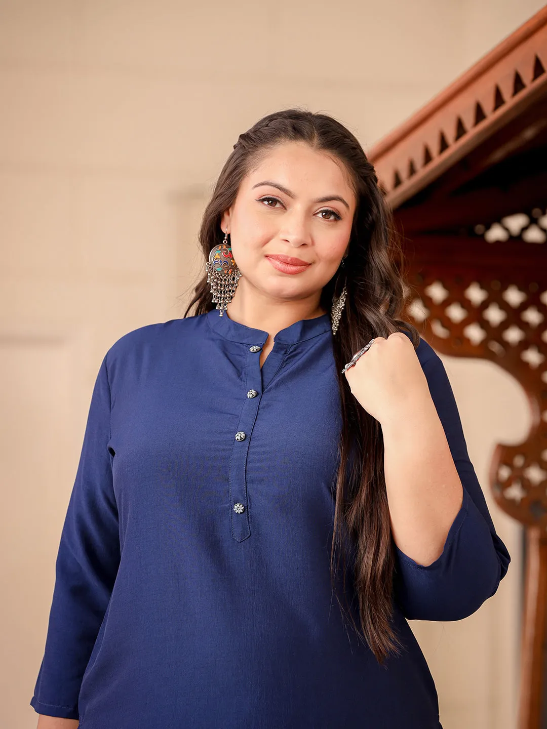 Women Plus Size Blue Samaira Silk Kurta