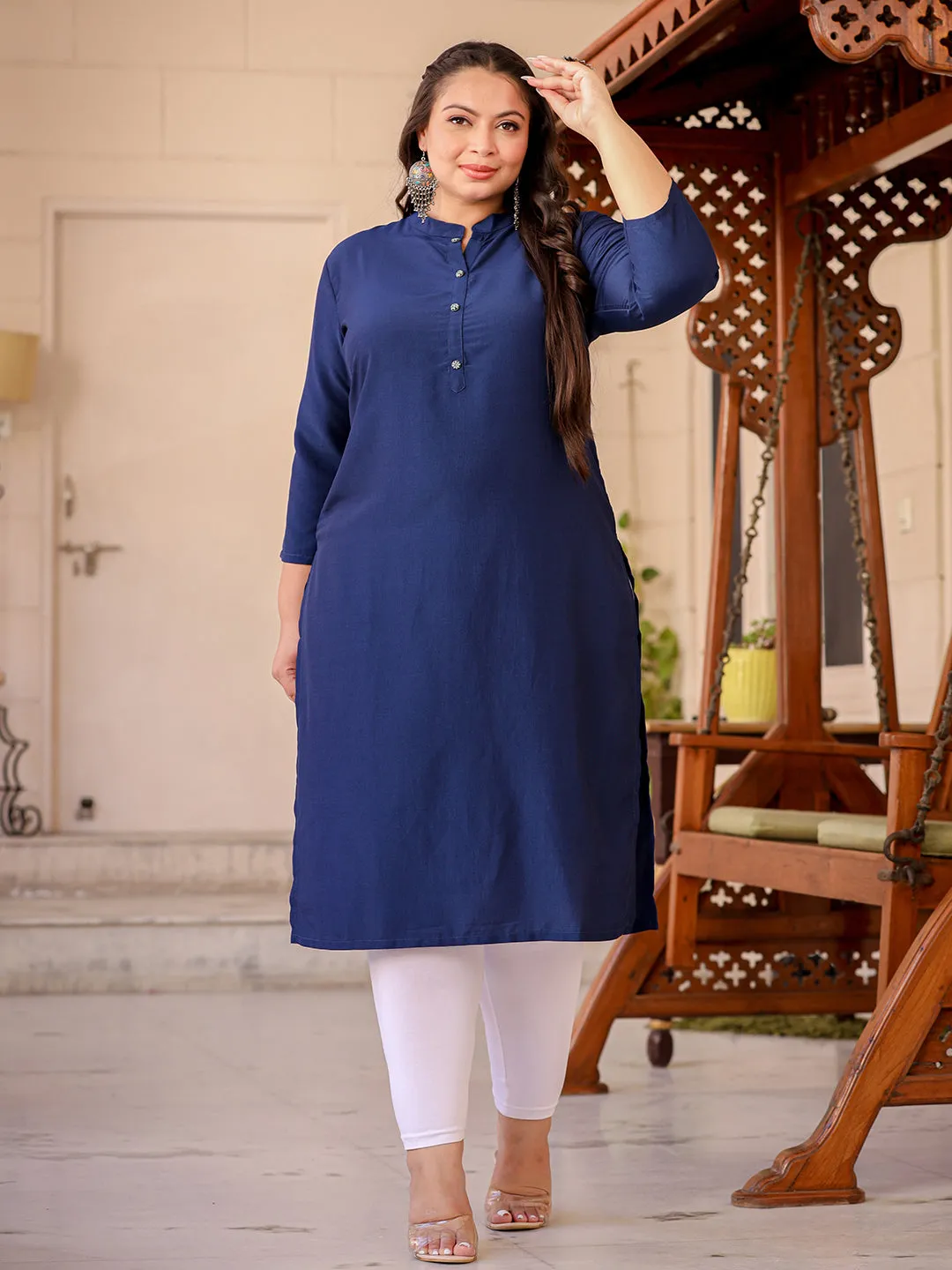 Women Plus Size Blue Samaira Silk Kurta