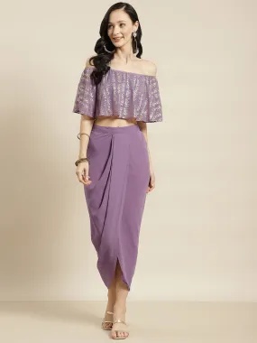 Women Purple Shloka Foil Crop Top With Dhoti Skirt