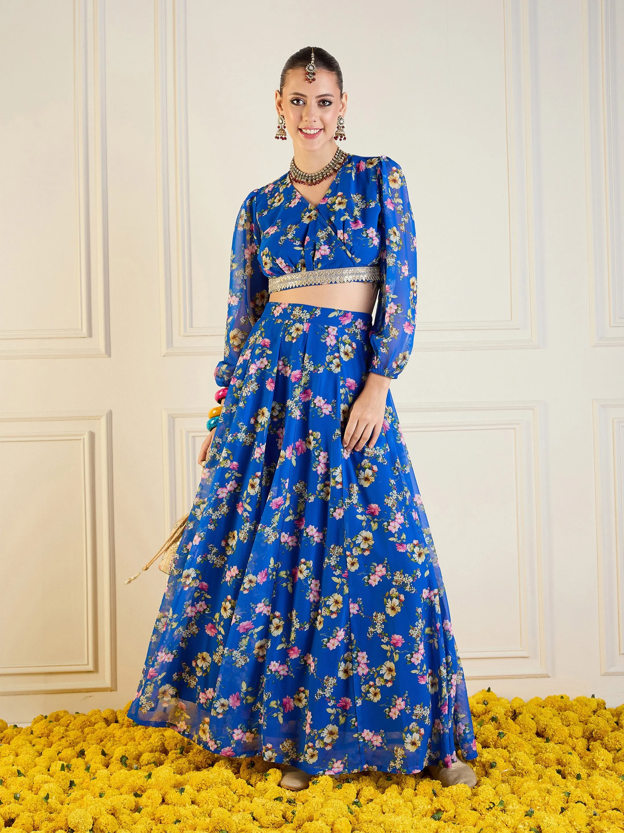 Women Royal Blue Floral Anarkali Skirt With Wrap Crop Top