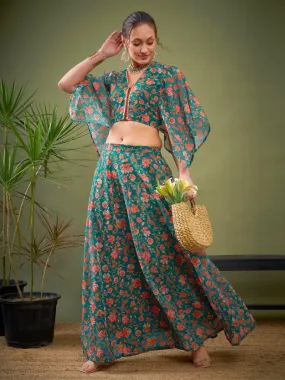 Women Teal Green Floral Anarkali Skirt With Crop Blouse