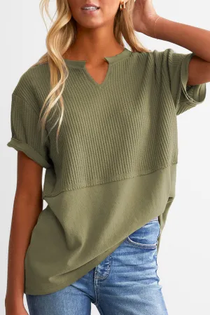 Womens Casual V Neck Waffle Knit Tops Short Sleeve T Shirts Loose Tops