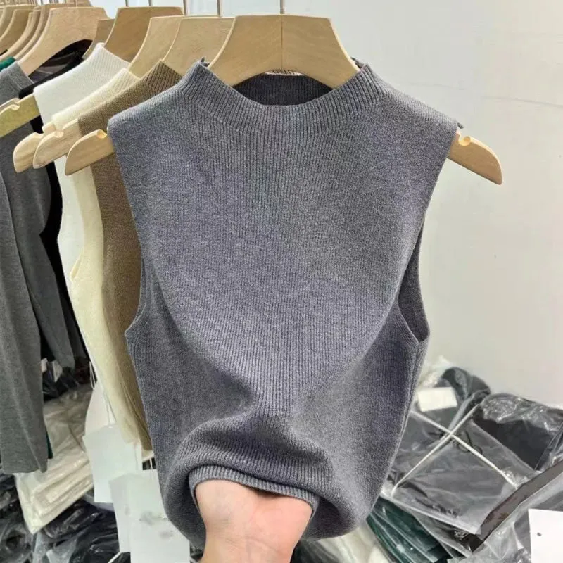 Women's Knitted Turtleneck Sleeveless Summer Cropped Tank Tops