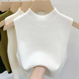 Women's Knitted Turtleneck Sleeveless Summer Cropped Tank Tops