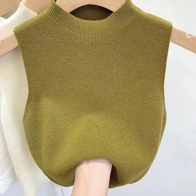 Women's Knitted Turtleneck Sleeveless Summer Cropped Tank Tops