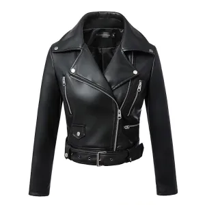 Women's Relaxed-fit Cropped Style Belted Vegan Leather Jackets