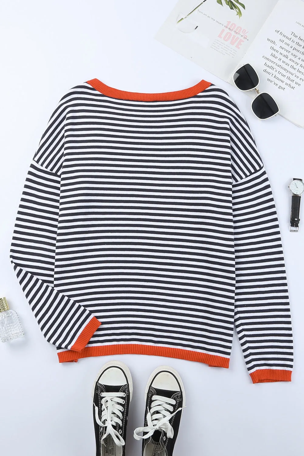 Women's Striped Color Block Sweater Drop Shoulder Relaxed Fit Pullover