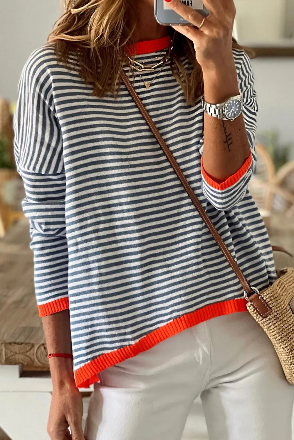 Women's Striped Color Block Sweater Drop Shoulder Relaxed Fit Pullover