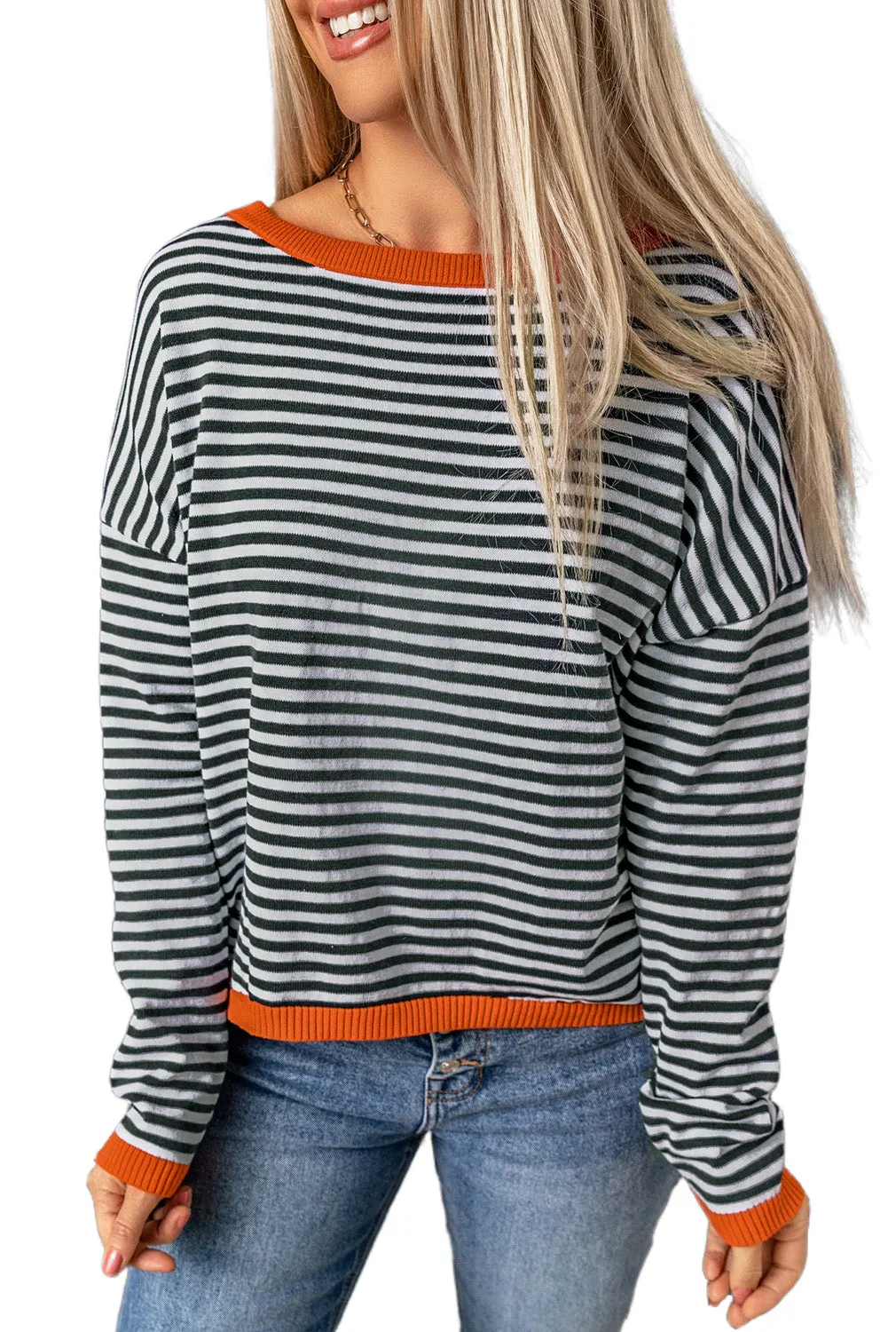 Women's Striped Color Block Sweater Drop Shoulder Relaxed Fit Pullover