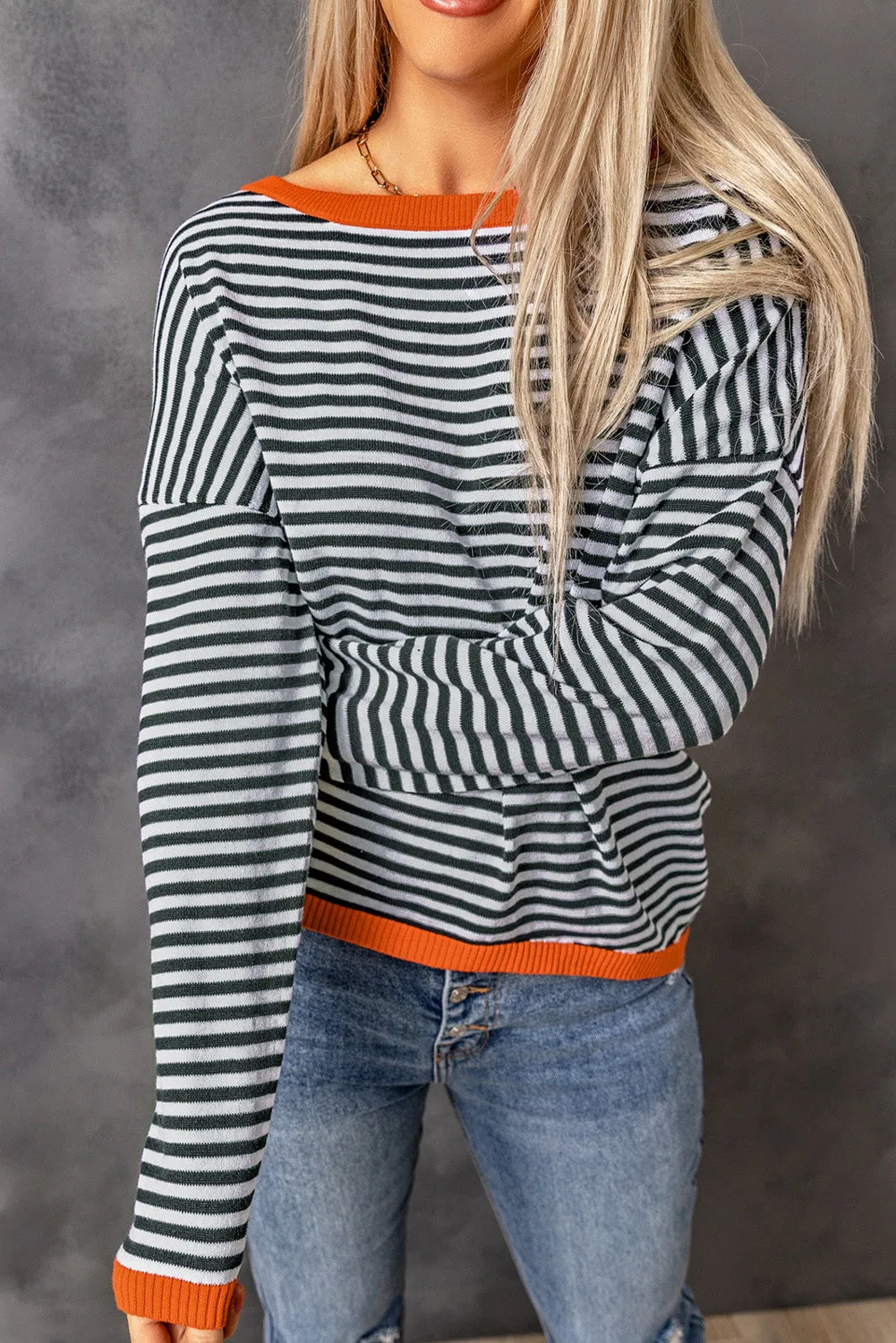 Women's Striped Color Block Sweater Drop Shoulder Relaxed Fit Pullover