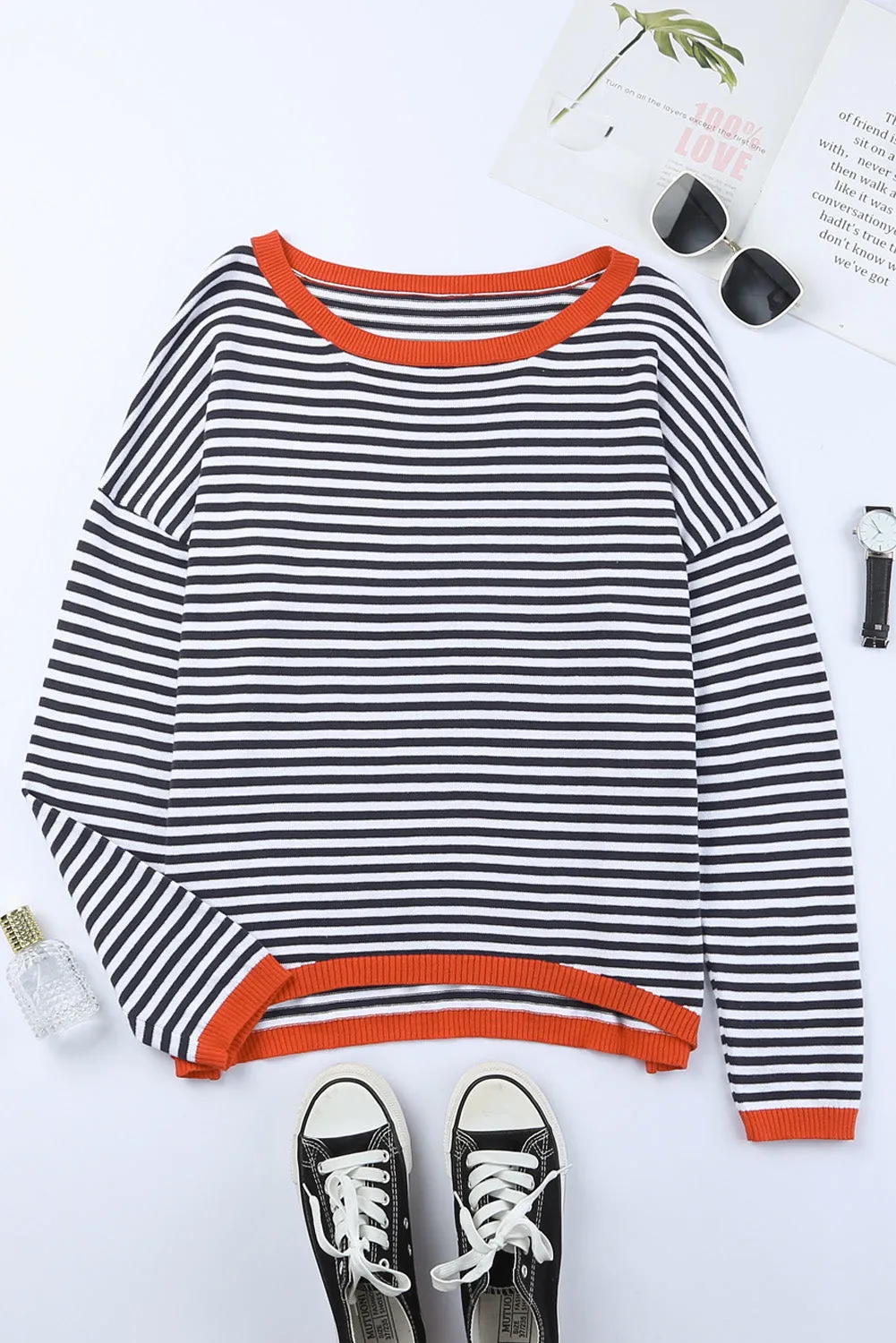 Women's Striped Color Block Sweater Drop Shoulder Relaxed Fit Pullover