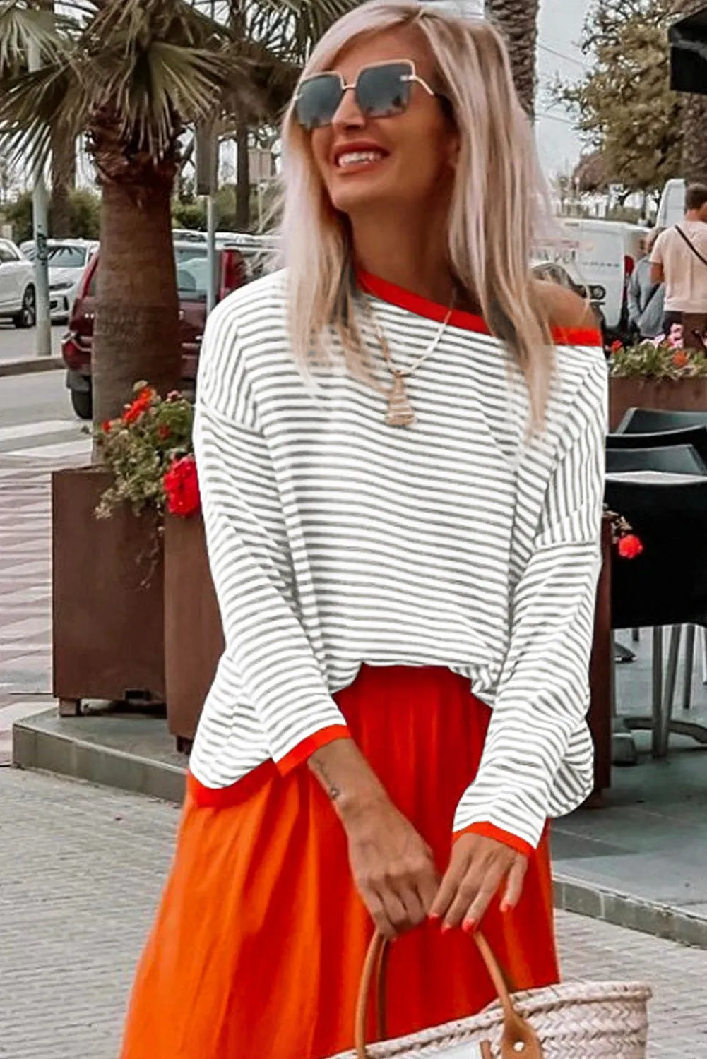 Women's Striped Color Block Sweater Drop Shoulder Relaxed Fit Pullover