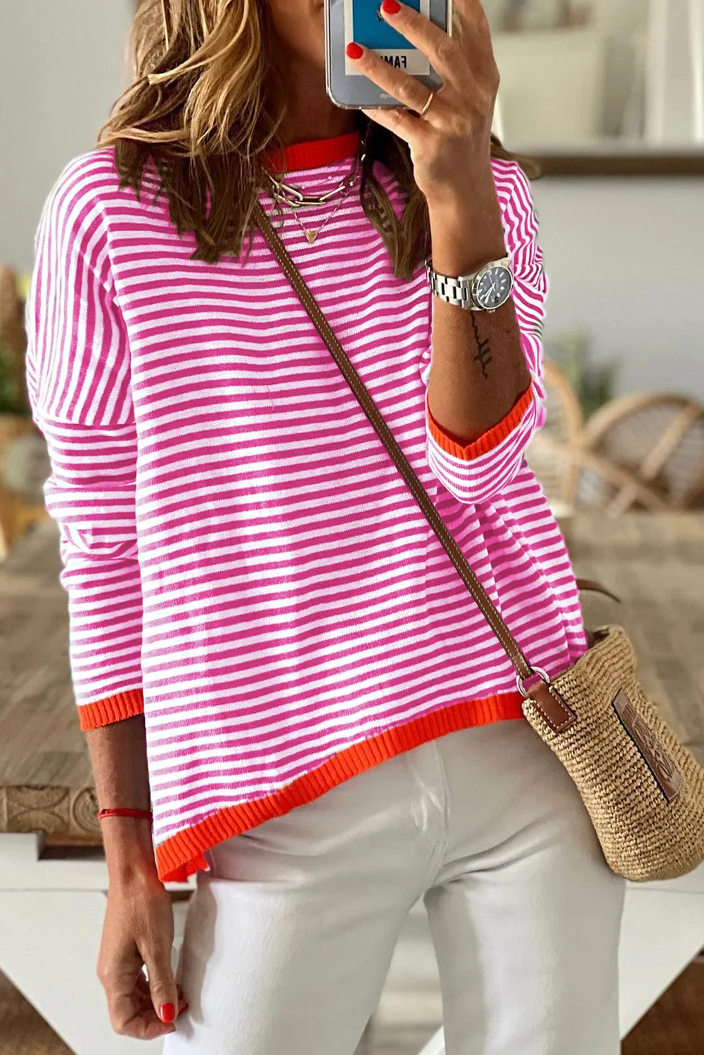 Women's Striped Color Block Sweater Drop Shoulder Relaxed Fit Pullover