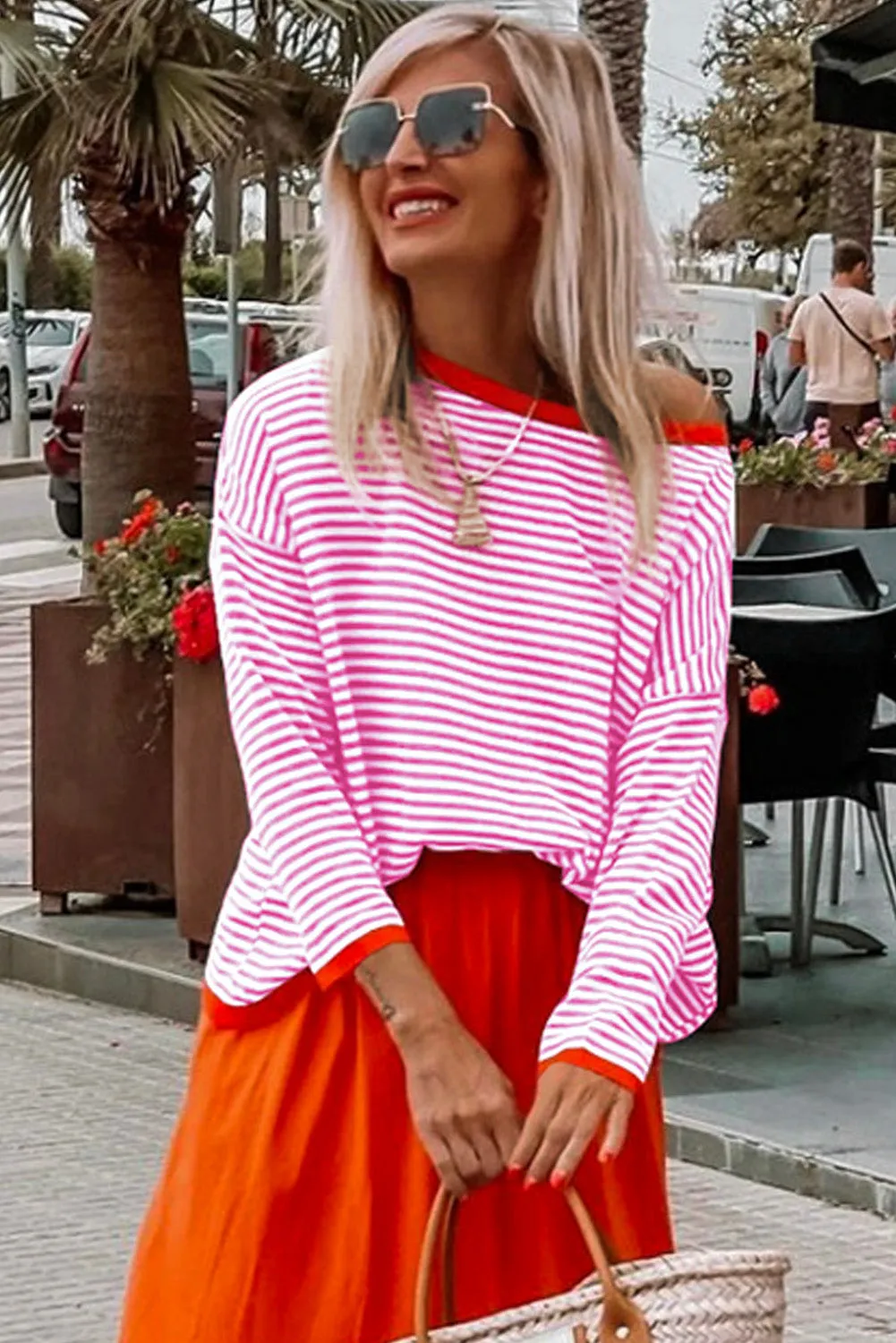 Women's Striped Color Block Sweater Drop Shoulder Relaxed Fit Pullover