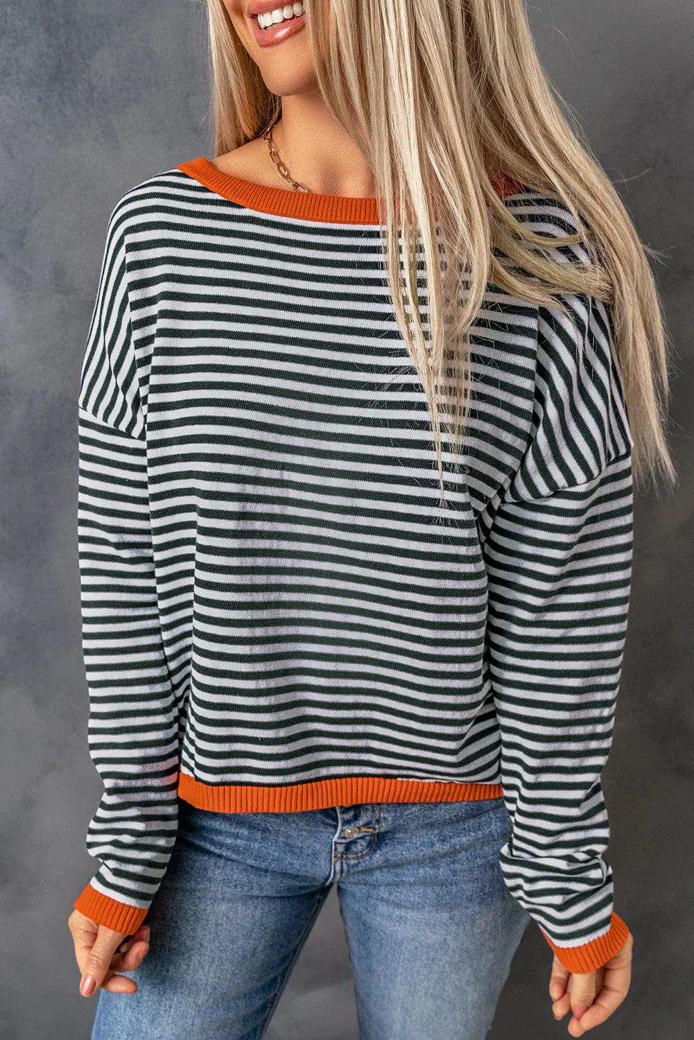 Women's Striped Color Block Sweater Drop Shoulder Relaxed Fit Pullover