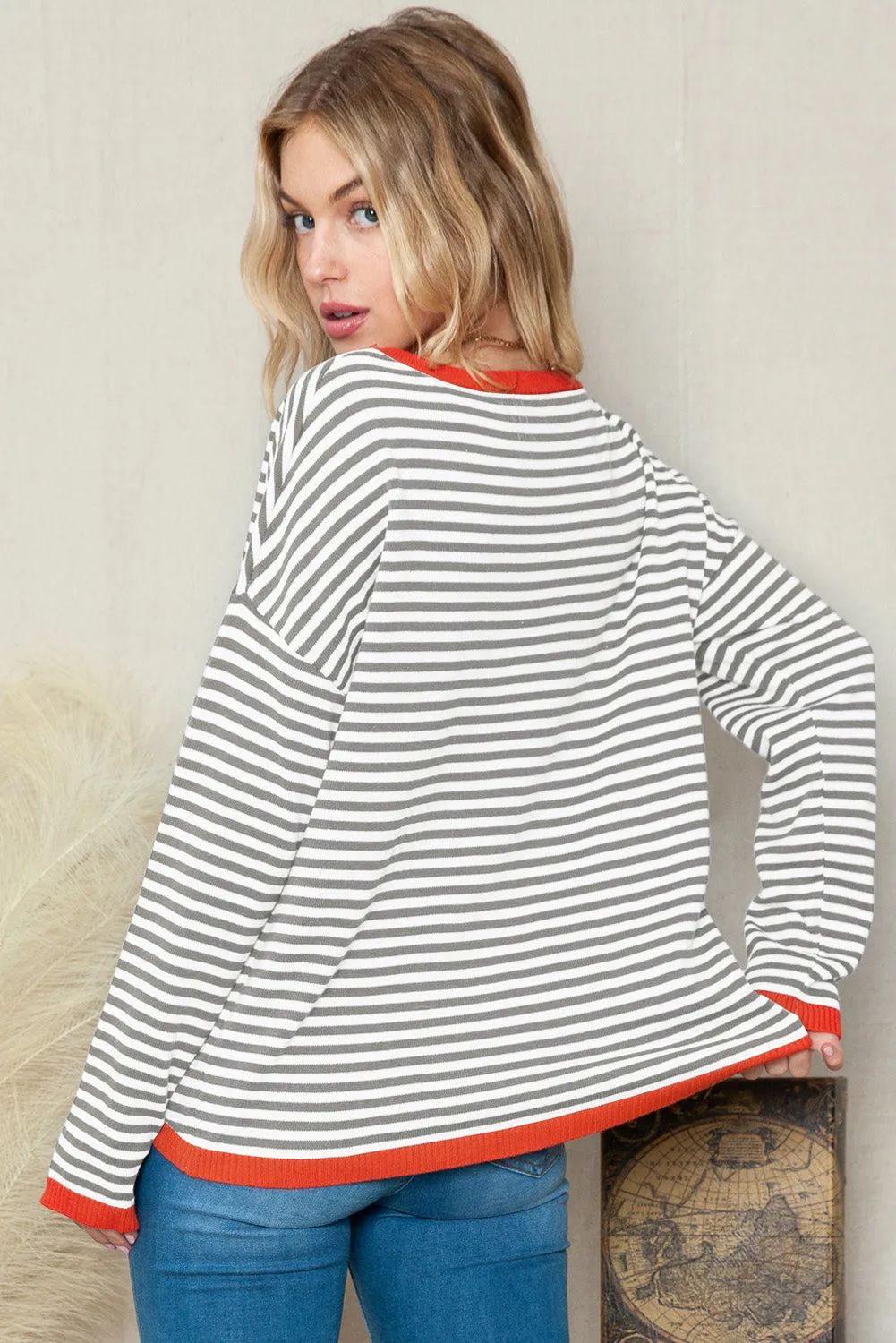 Women's Striped Color Block Sweater Drop Shoulder Relaxed Fit Pullover