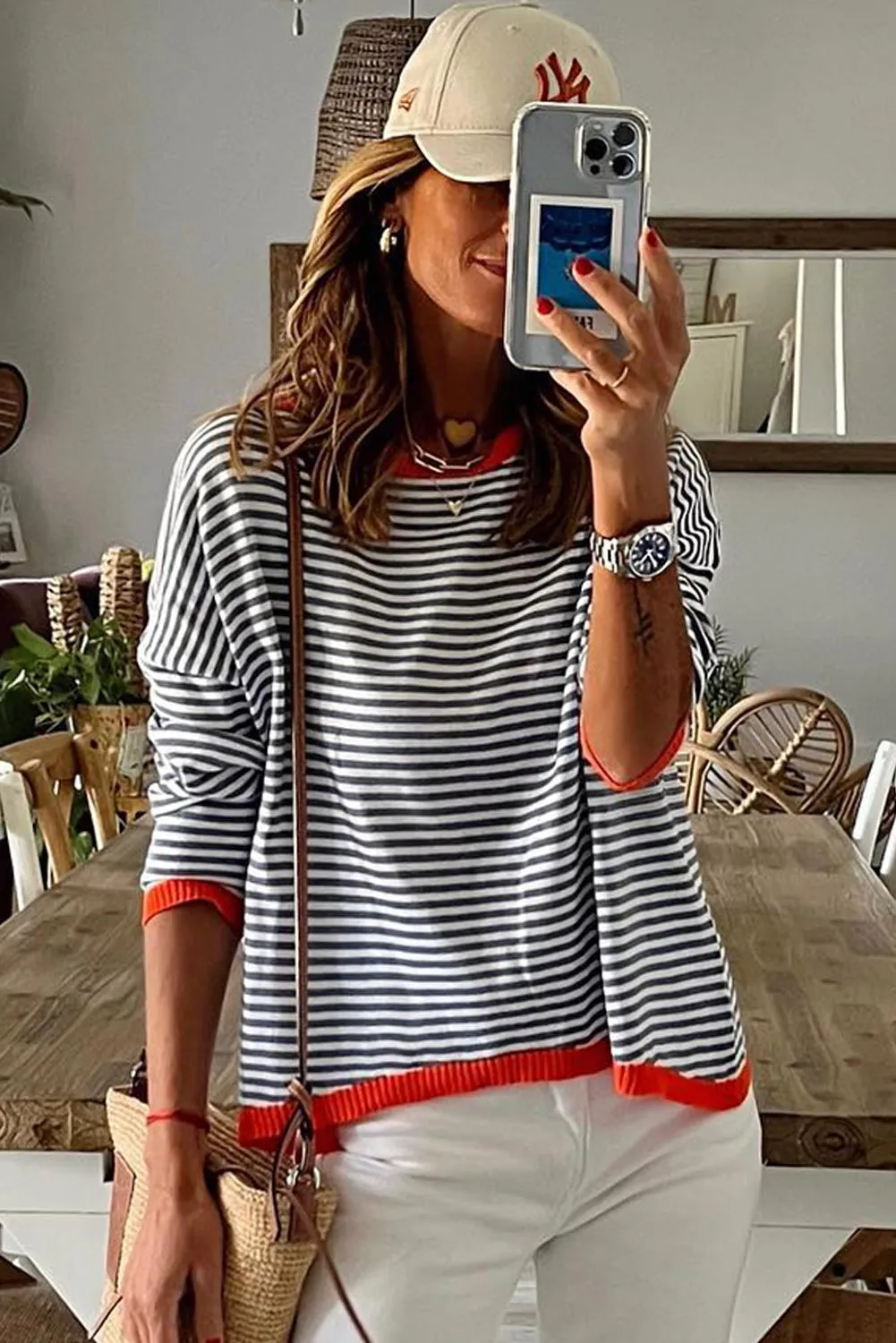 Women's Striped Color Block Sweater Drop Shoulder Relaxed Fit Pullover