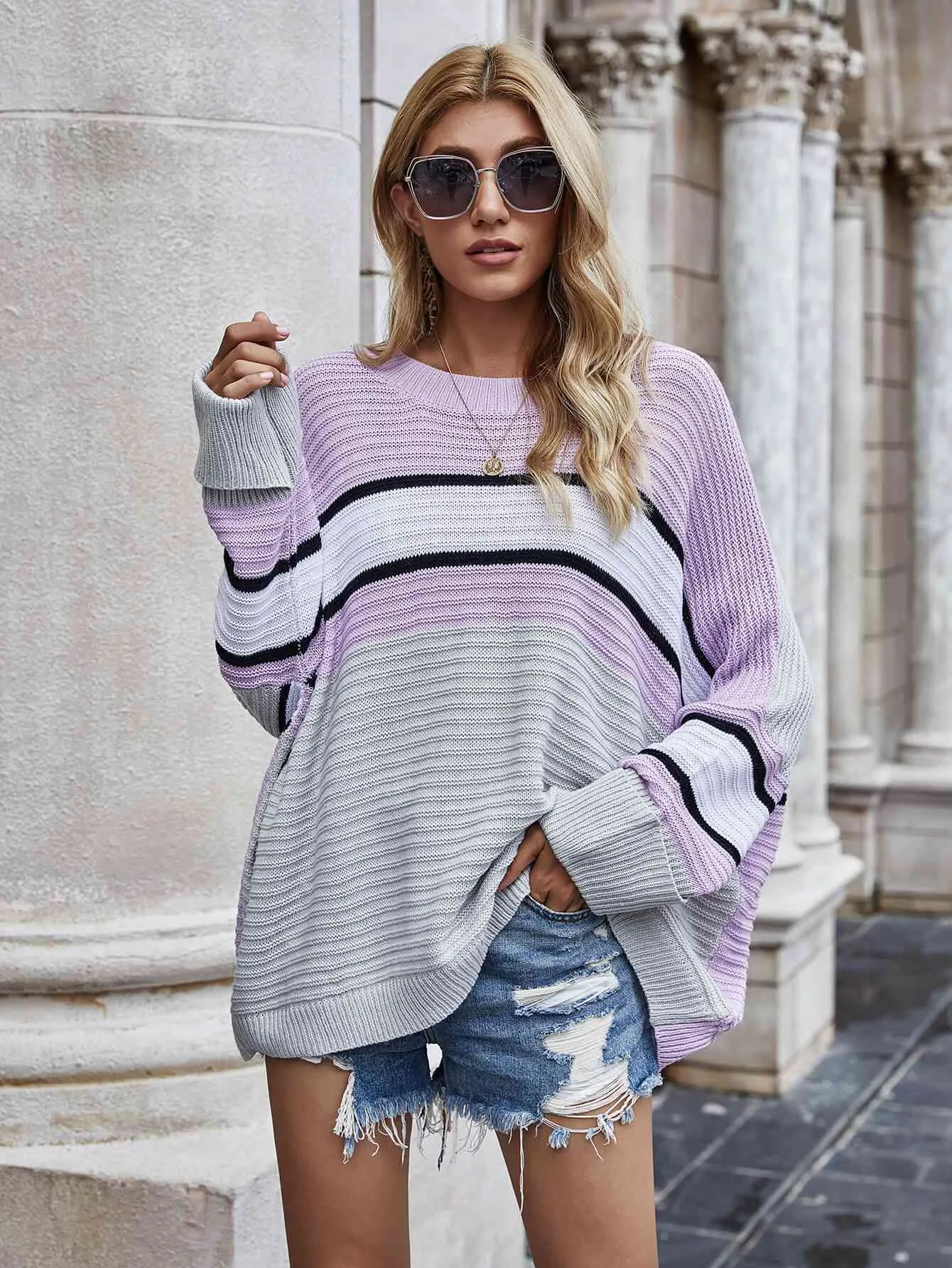 Woven Right Striped Horizontal Ribbing Long Sleeve Tunic Sweater